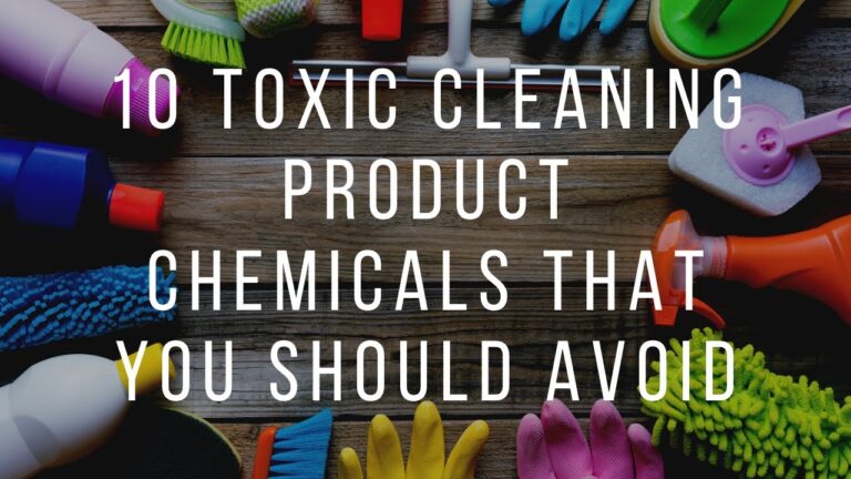 Various cleaning tools on a wooden surface with overlaid text: "10 Toxic Cleaning Product Chemicals That You Should Avoid.