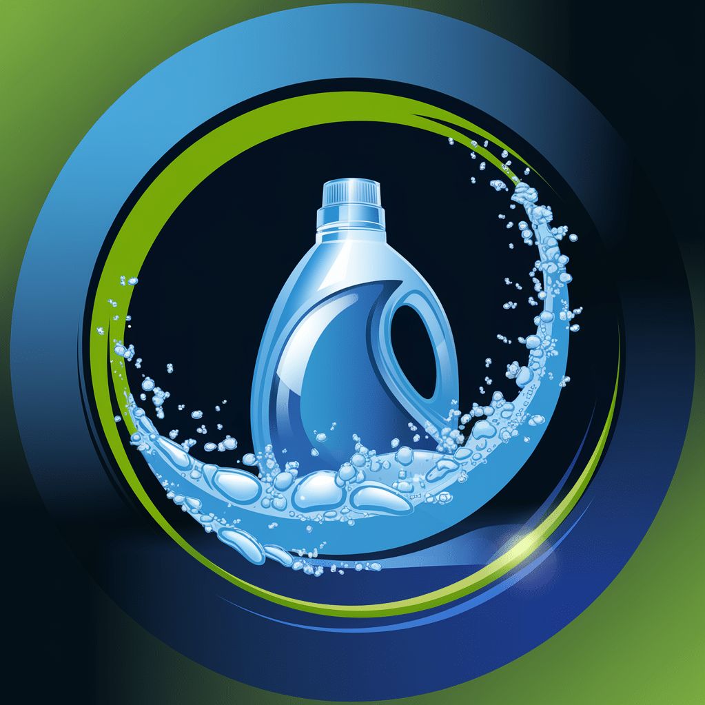 Illustration of a blue detergent bottle surrounded by swirling water and bubbles against a dark background with green and blue circular accents.