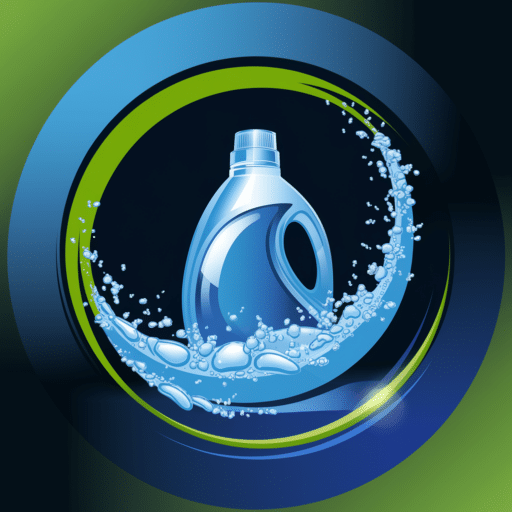 A blue detergent bottle surrounded by swirling water and bubbles, set against a dark background with green and blue circular accents.