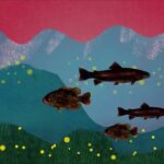 Four fish swim against a backdrop of stylized mountains and a pink sky, with scattered yellow dots suggesting underwater or abstract elements.