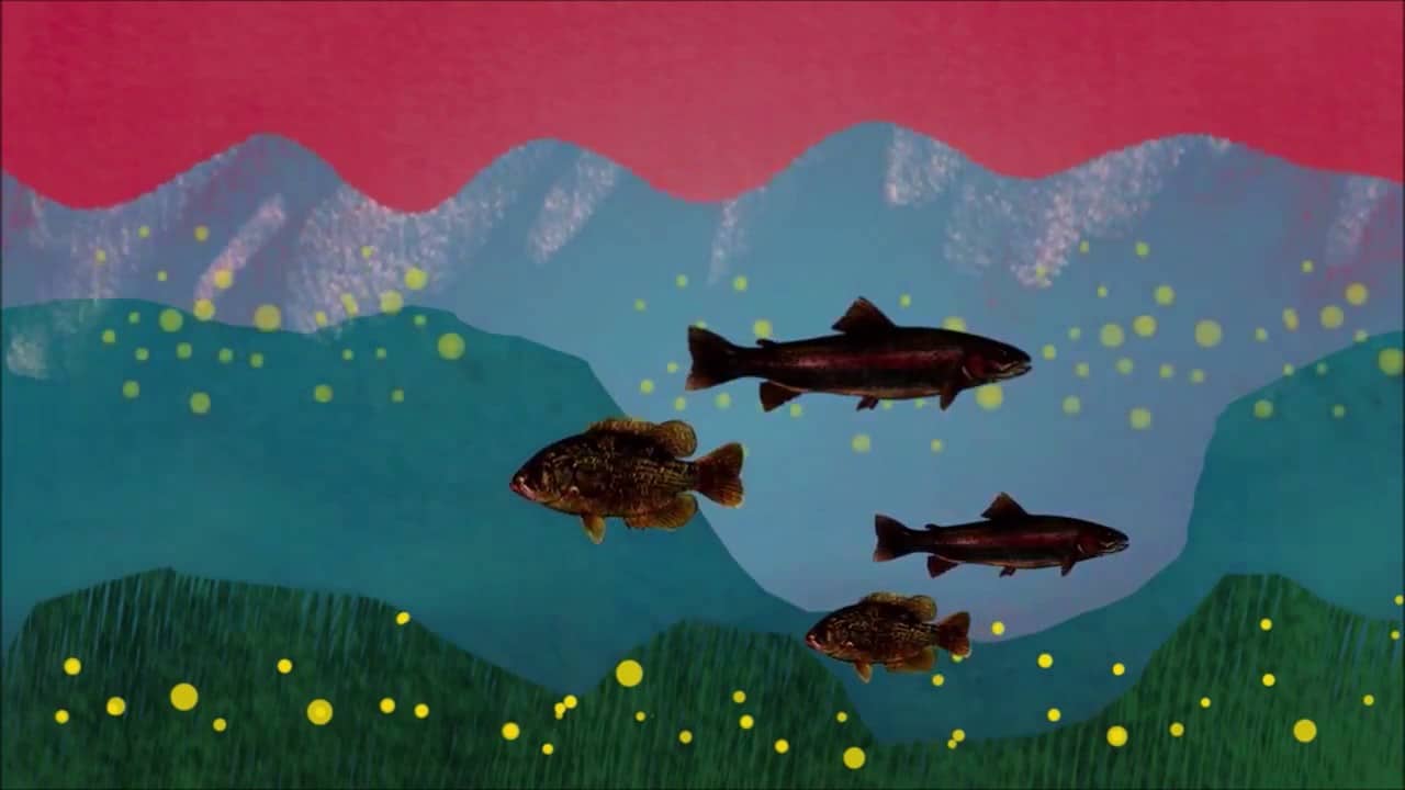 Four fish swim against a backdrop of stylized mountains and a pink sky, with scattered yellow dots suggesting underwater or abstract elements.