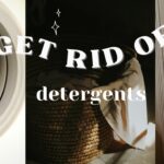 Collage with a laundry machine, a woven basket with fabric, and a white dress on a hanger. Text reads, "Get rid of detergents.