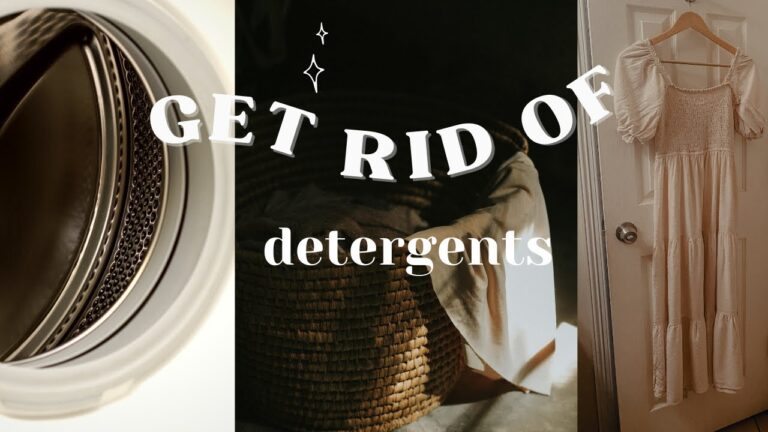 Collage with a laundry machine, a woven basket with fabric, and a white dress on a hanger. Text reads, "Get rid of detergents.