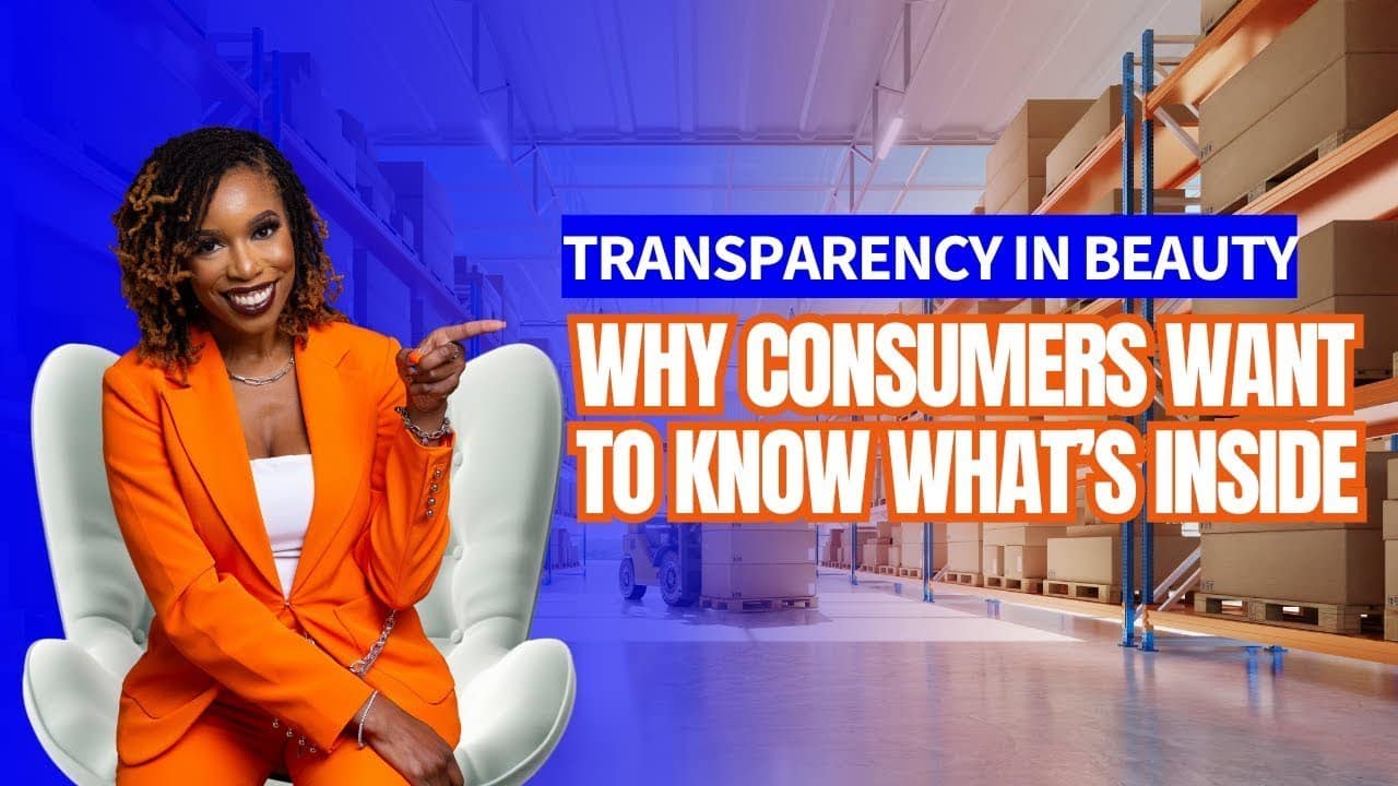 Woman in an orange suit sits on a chair, pointing right. Background shows a warehouse. Text reads: "Transparency in Beauty: Why Consumers Want to Know What's Inside.