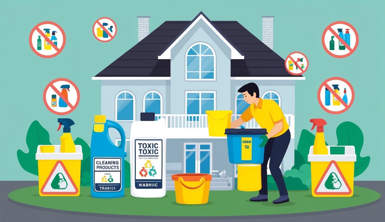 A family home with cleaning products labeled as toxic, surrounded by warning symbols and a family member protecting their loved ones by disposing of the harmful products