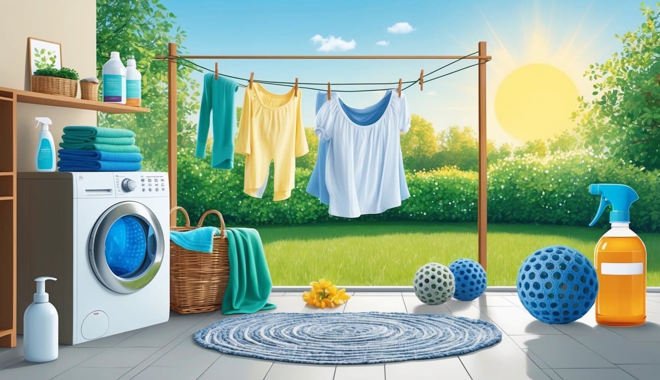 A serene laundry room with eco-friendly detergent, reusable dryer balls, and a clothesline in a sunny garden