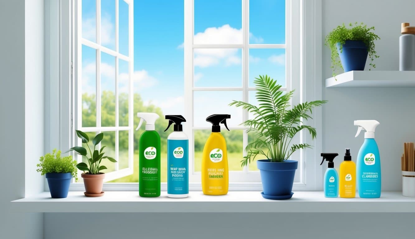 A bright, airy room with open windows and plants. Eco-friendly cleaning products are neatly organized on a shelf. The air is fresh and clean