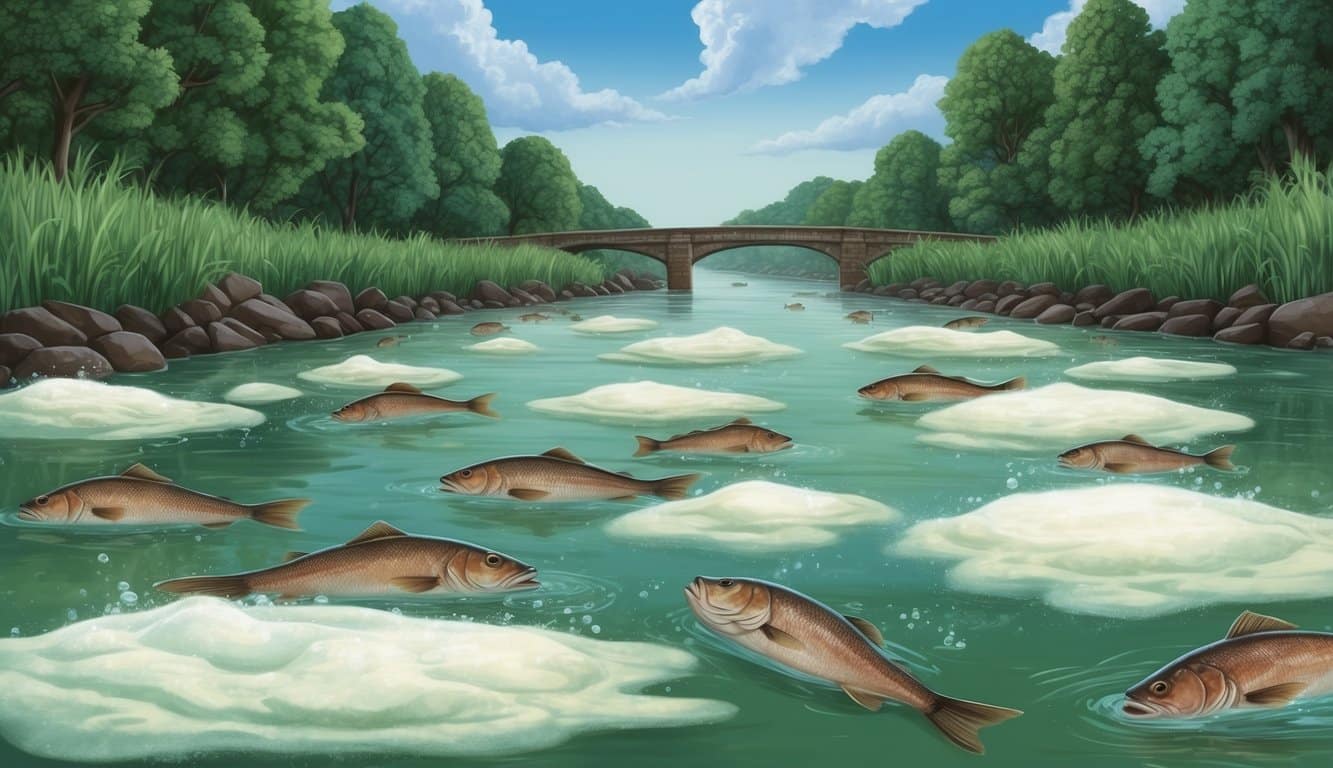 A polluted river with foamy, discolored water and dead fish floating on the surface