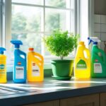 Kitchen counter with a potted plant and various colorful cleaning products. Sunlight streams through a window above a stainless steel sink.