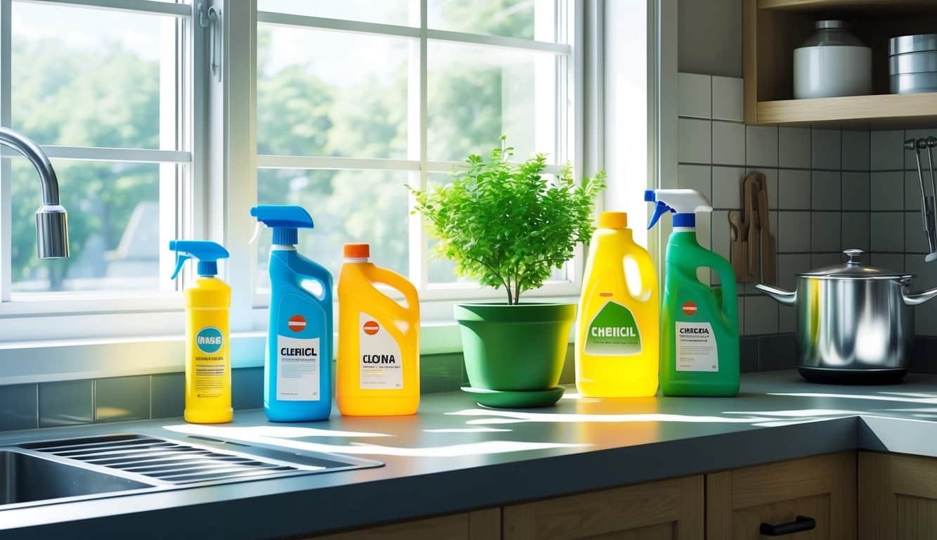 Kitchen counter with a potted plant and various colorful cleaning products. Sunlight streams through a window above a stainless steel sink.