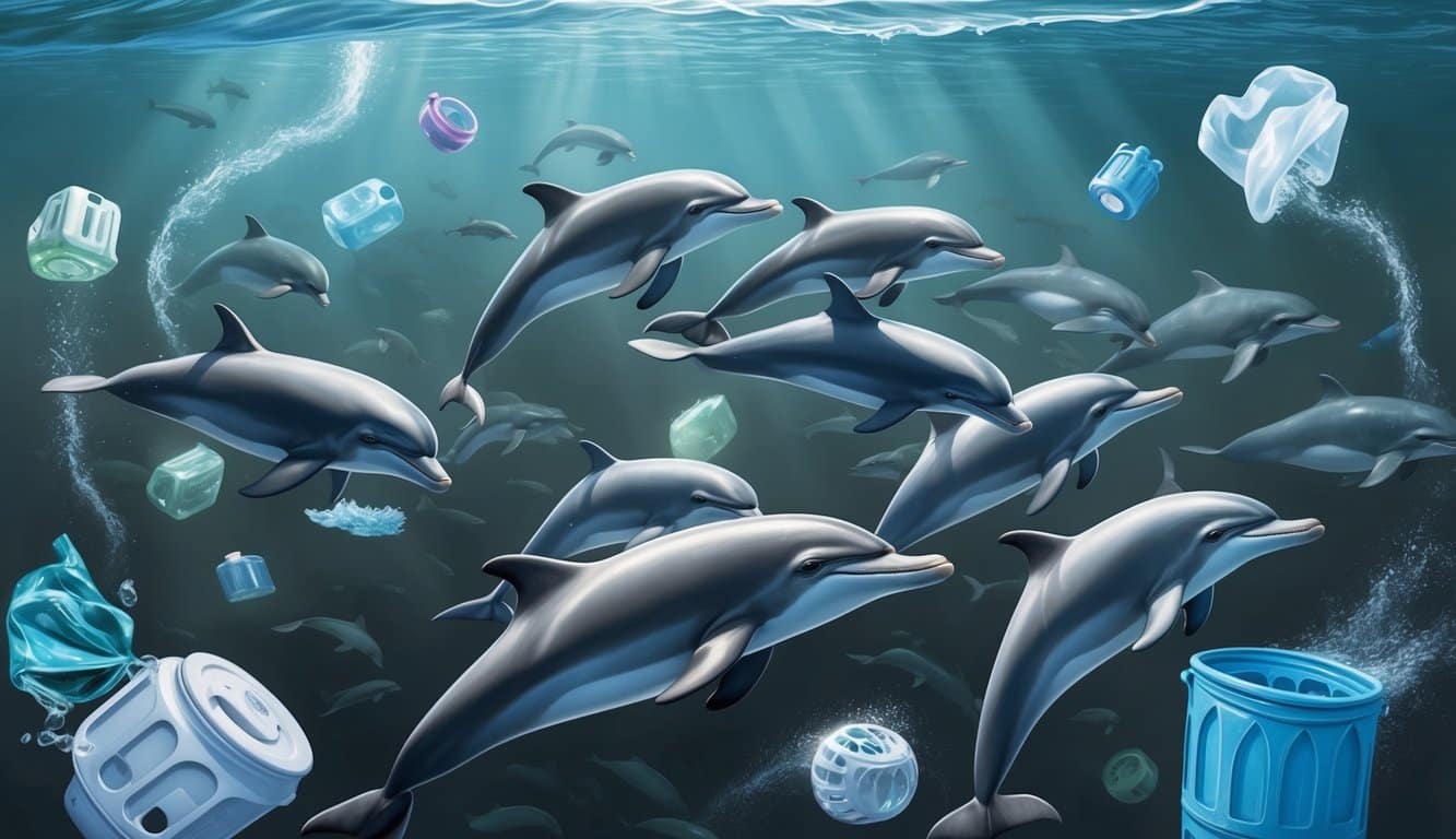 A pod of dolphins swims through murky water surrounded by floating plastic and chemical runoff from traditional laundry detergents