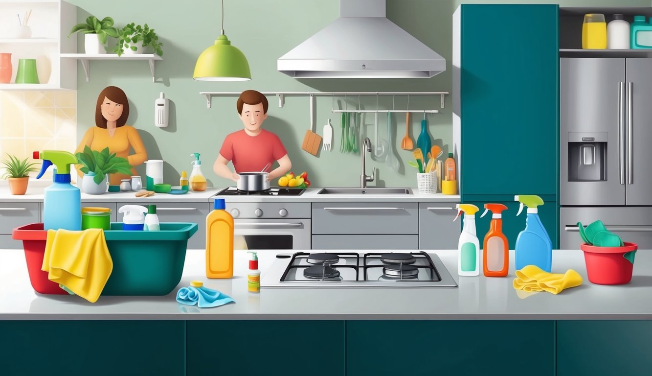 A cluttered kitchen with toxic cleaning products on the counter, while a family member suffers from chronic health conditions in the background