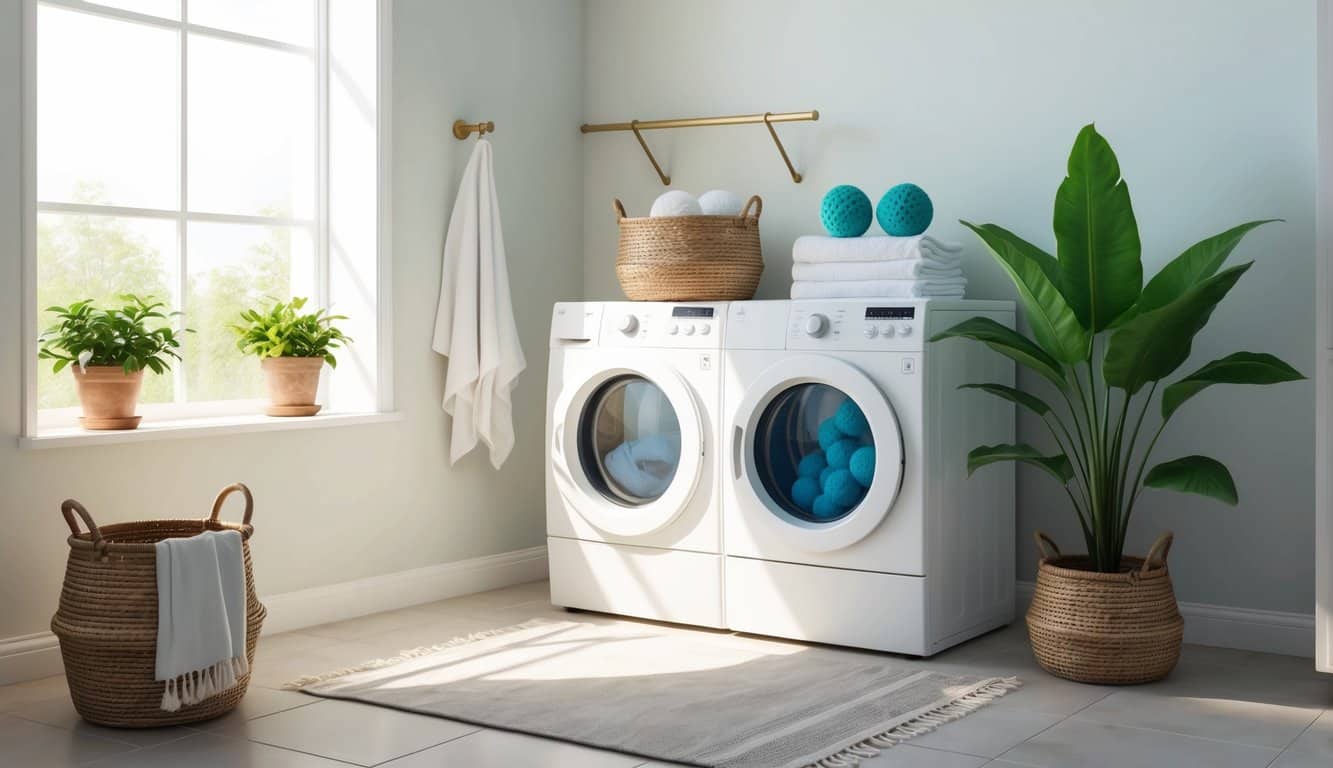 A serene, sunlit laundry room with eco-friendly detergent, reusable dryer balls, and a lush green plant in the corner