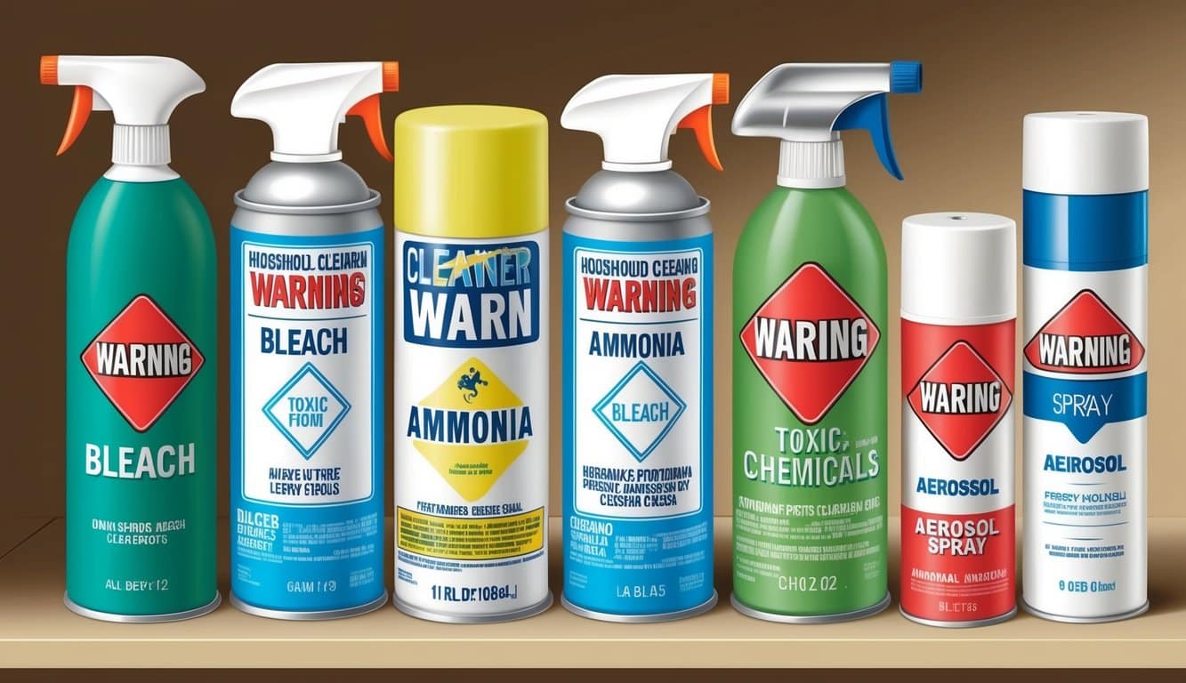 A variety of household cleaning products are displayed on a shelf, including bleach, ammonia, and aerosol sprays. Labels warn of toxic and harmful chemicals