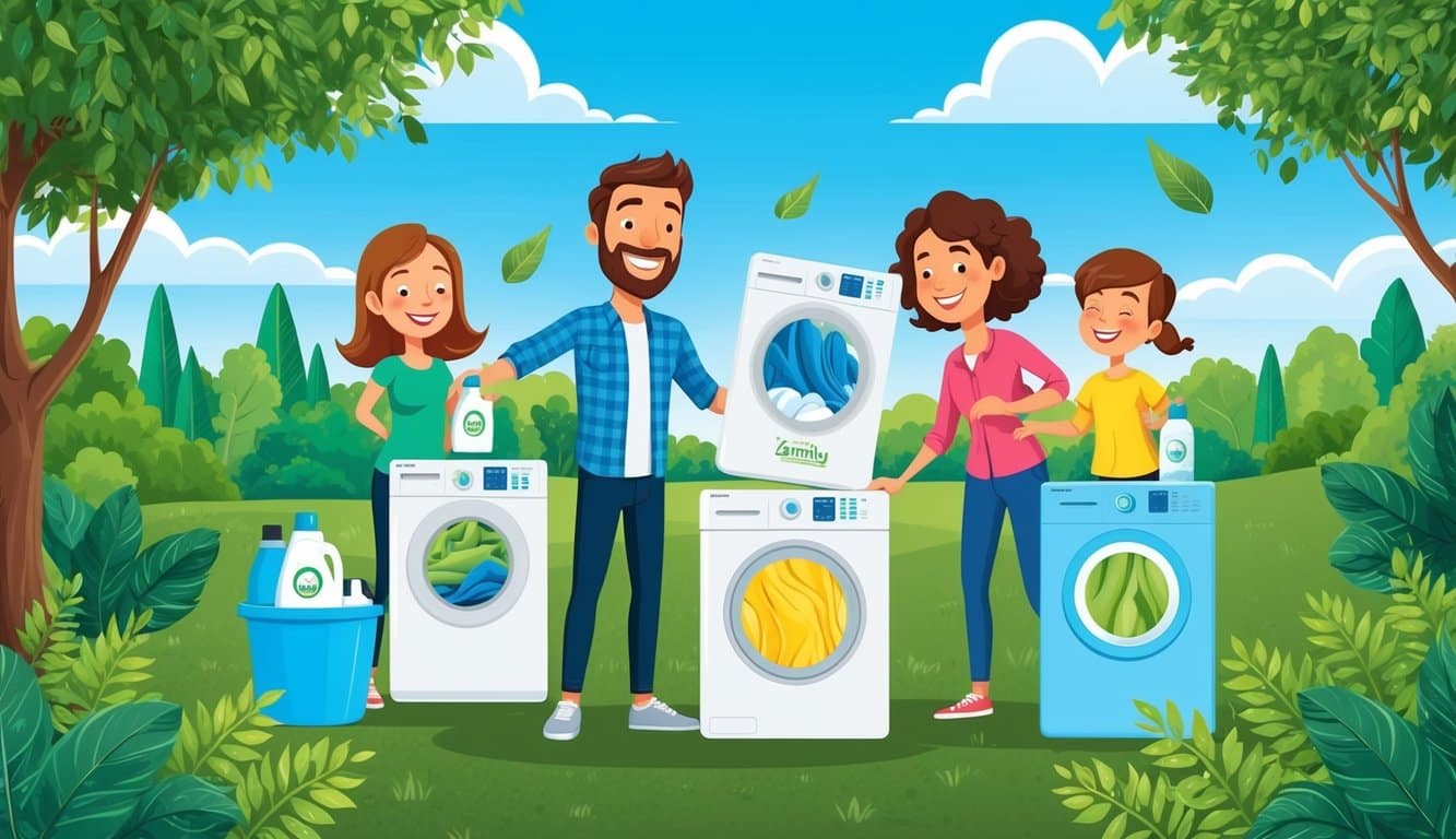 A family happily using eco-friendly laundry products, surrounded by lush greenery and clear blue skies, with a visible decrease in their utility bills