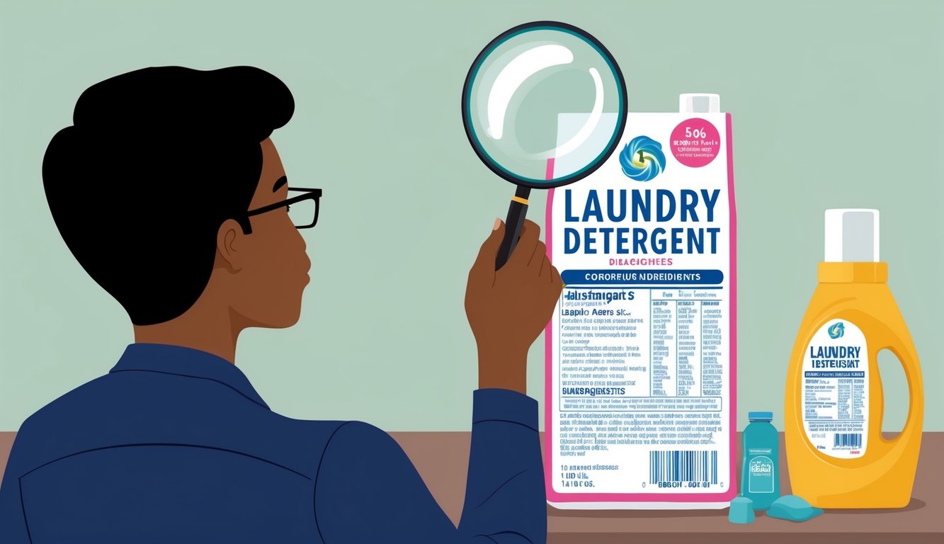 A person examines a laundry detergent package with a magnifying glass, focusing on the list of ingredients. Various detergent bottles are on the table.