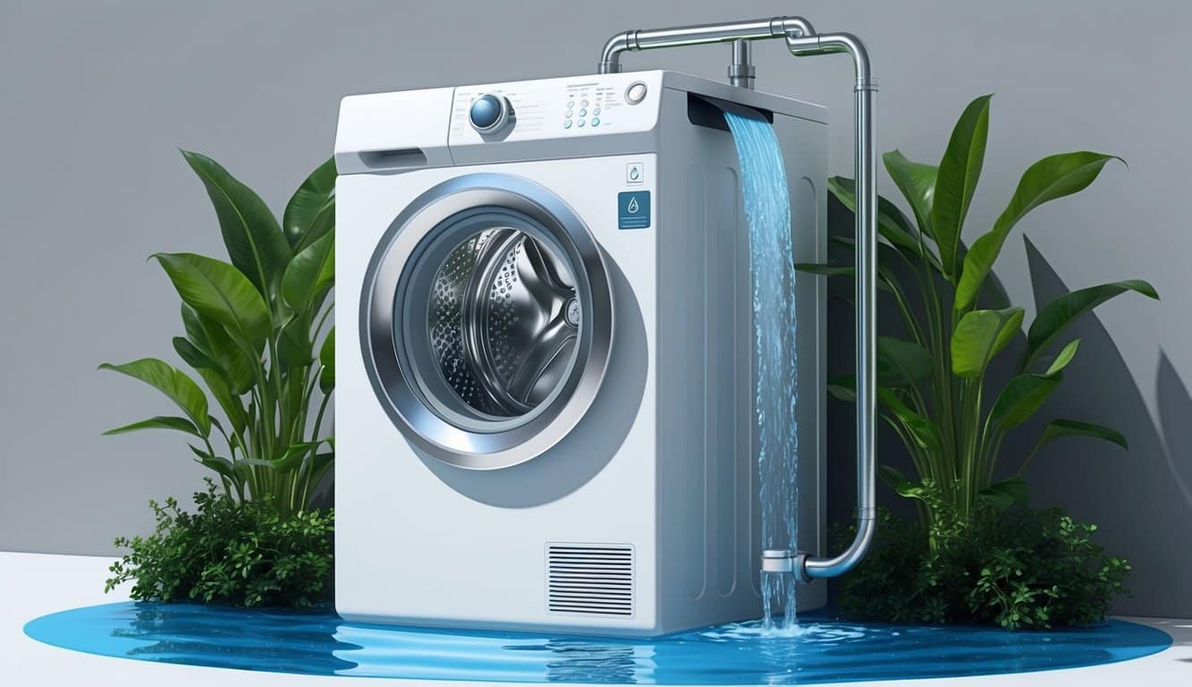 A modern laundry machine with a water recirculation system, surrounded by green plants and clean water flowing out