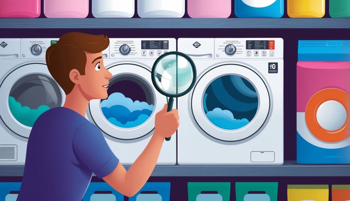 A person pointing at various laundry products with a concerned expression, while holding a magnifying glass to inspect the labels for toxic substances