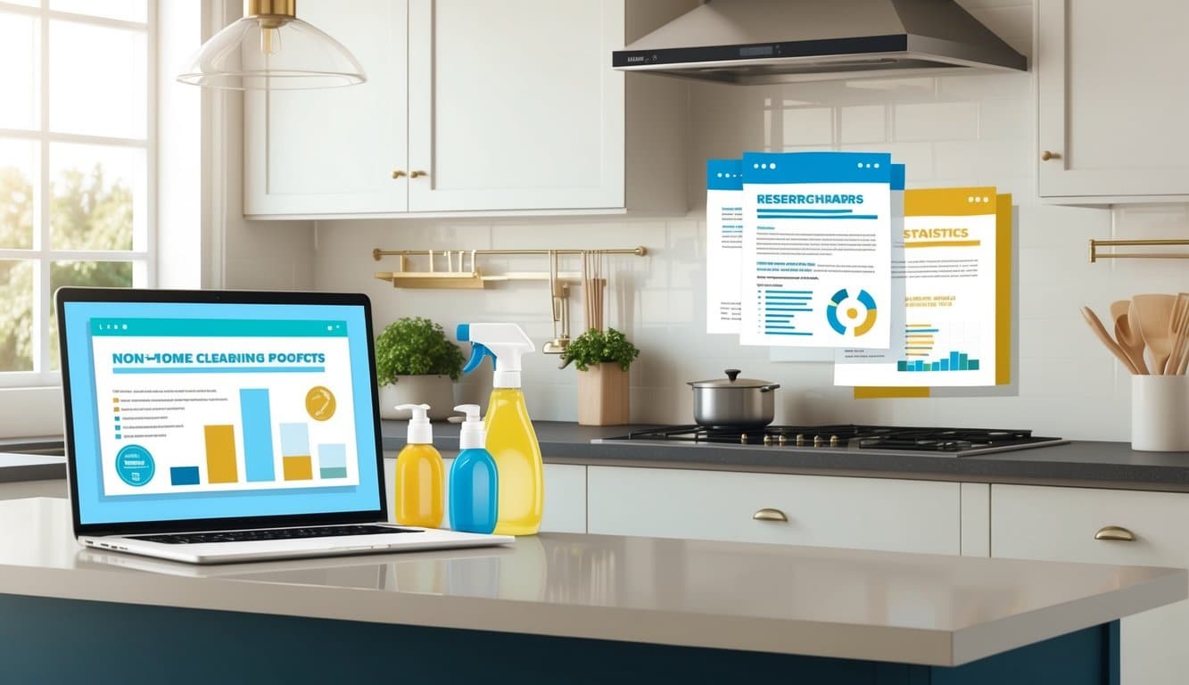 A clean, modern kitchen with natural light. Non-toxic cleaning products on the counter. Research papers and statistics displayed on a laptop screen