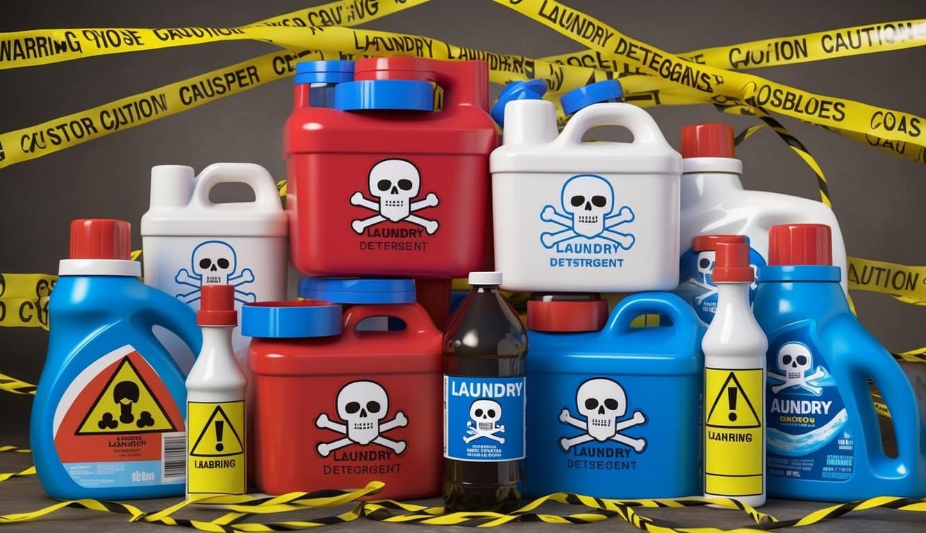 A pile of laundry detergent boxes and bottles, with skull and crossbones symbols on them, surrounded by warning signs and caution tape