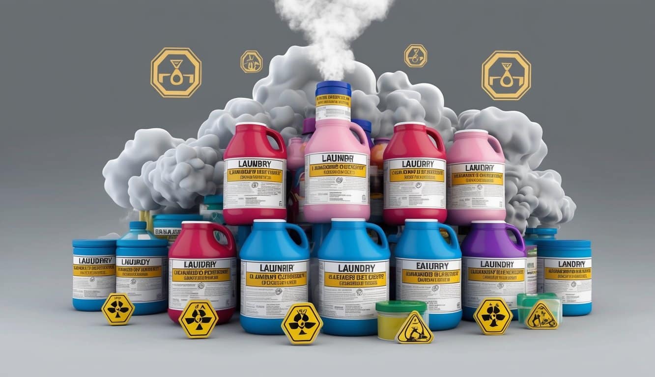 A pile of laundry detergent containers with warning labels, surrounded by toxic symbols and a cloud of harmful chemicals emanating from them