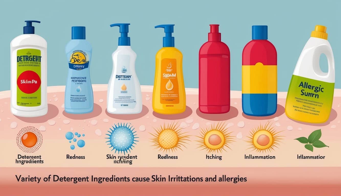 A variety of detergent ingredients causing skin irritations and allergies, such as redness, itching, and inflammation on a patch of skin