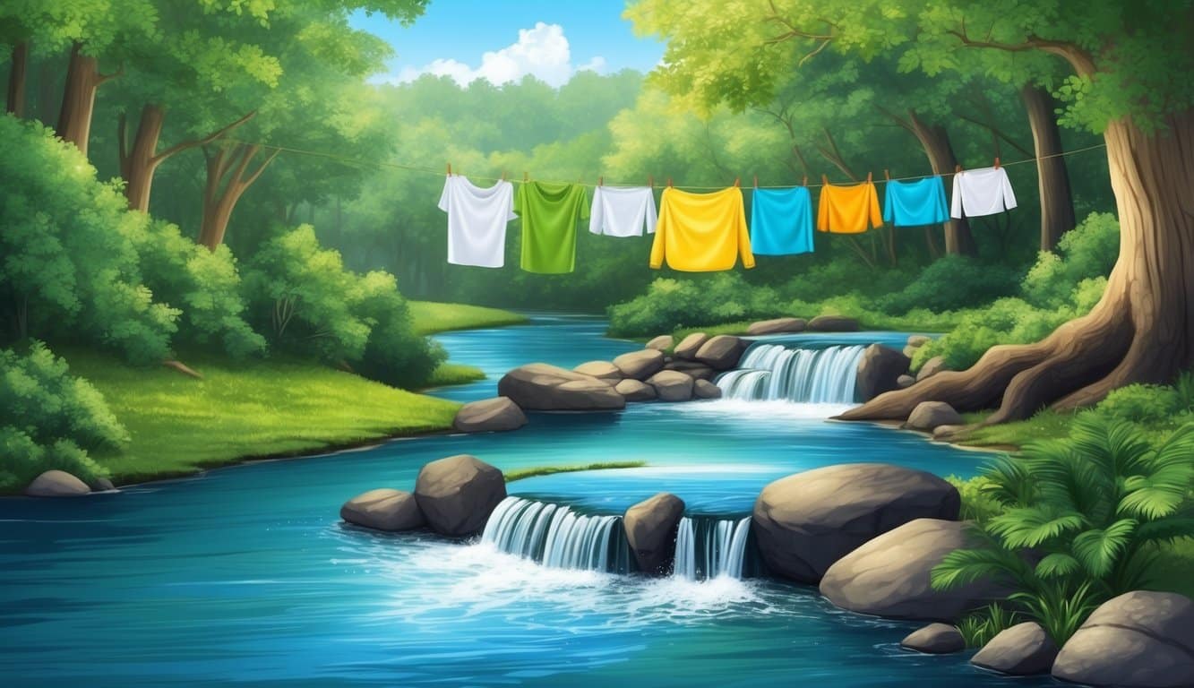 A serene river flowing through a lush forest, with a small waterfall cascading over rocks. A clothesline with freshly washed laundry hangs in the background