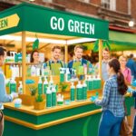 A group of people gather around a "Go Green" stall at an outdoor market, displaying eco-friendly products like bottles and containers. The booth is decorated with plants and green accents.