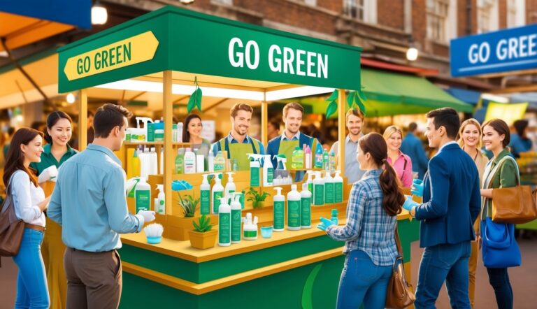 A group of people gather around a "Go Green" stall at an outdoor market, displaying eco-friendly products like bottles and containers. The booth is decorated with plants and green accents.