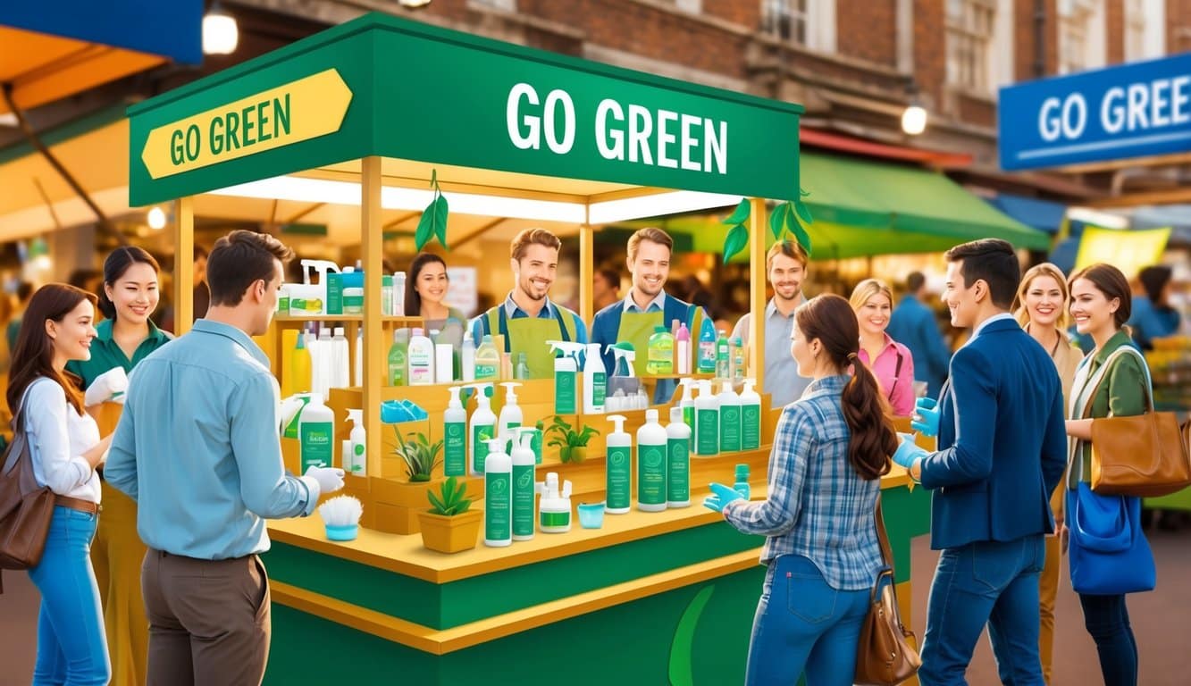 A group of people gather around a "Go Green" stall at an outdoor market, displaying eco-friendly products like bottles and containers. The booth is decorated with plants and green accents.