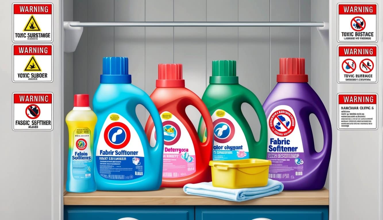 A laundry room with various detergent and fabric softener bottles, surrounded by warning symbols and toxic substance labels