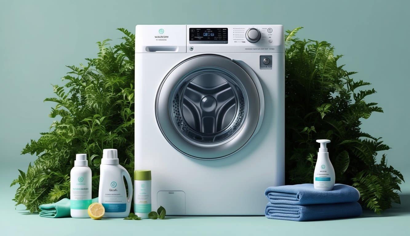 A modern washing machine with microfiber filtration system installed, surrounded by eco-friendly laundry products and lush greenery