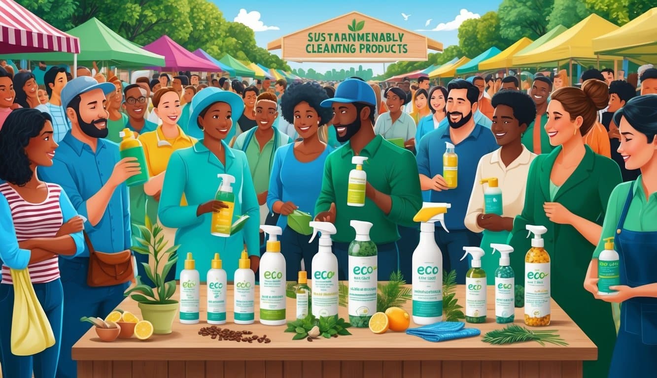 A bustling market stall showcases eco-friendly cleaning products made from sustainable ingredients, drawing in a crowd of environmentally conscious consumers