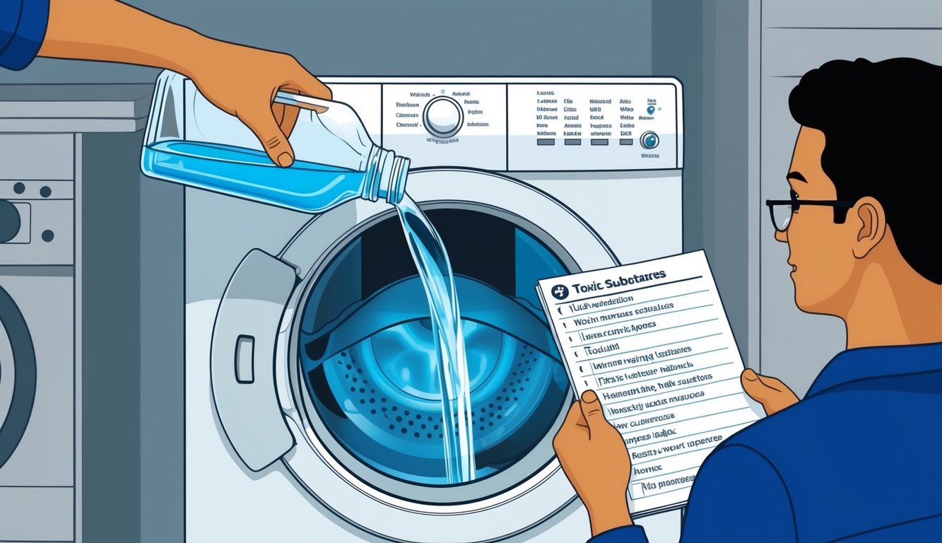 A person pouring a clear liquid from a bottle into a washing machine, while another person reads the label and compares it to a list of toxic substances