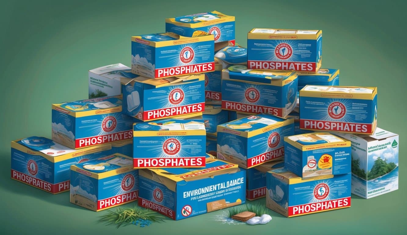 A pile of traditional laundry detergent boxes with the word "phosphates" in bold, surrounded by warning symbols and images of environmental damage