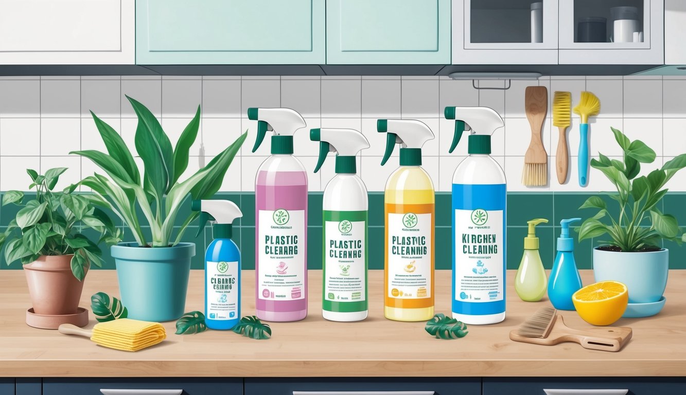 A kitchen counter with eco-friendly cleaning products in plastic-free packaging, surrounded by plants and natural cleaning tools