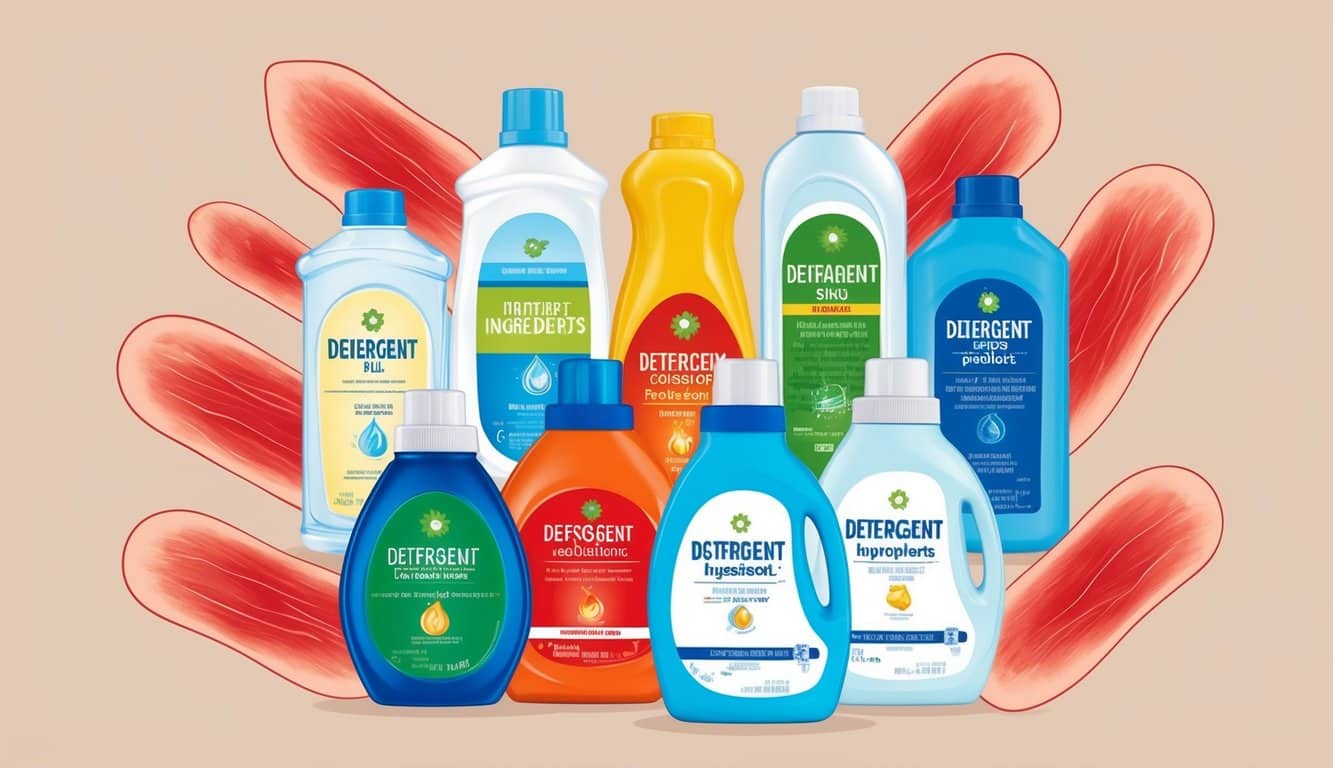 A variety of detergent ingredient bottles surrounded by red, irritated skin patches to depict the effects of different ingredients on skin