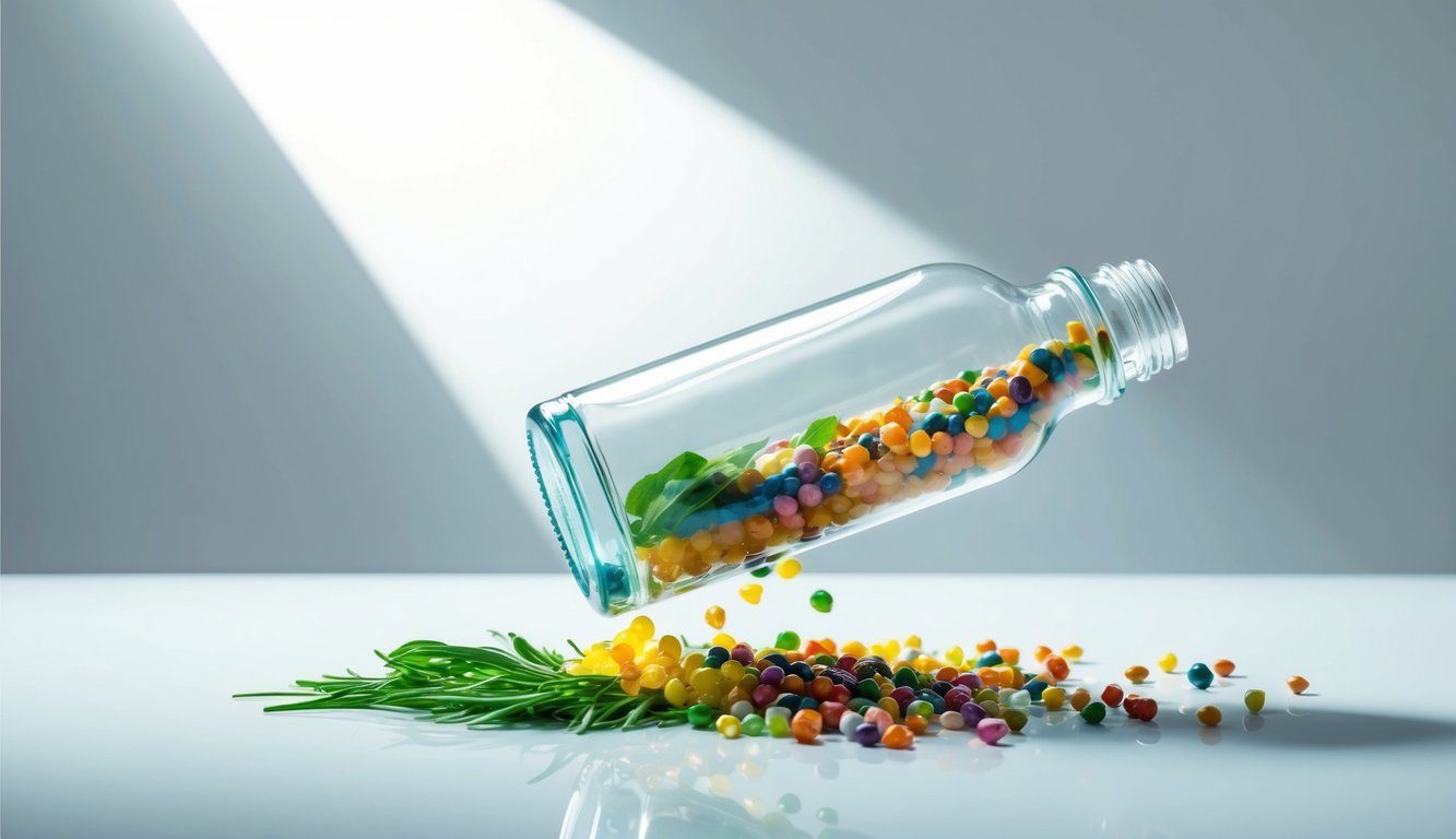 A clear glass bottle sits on a white surface, filled with colorful ingredients spilling out. A beam of light shines through the bottle, emphasizing the importance of transparency in product labeling