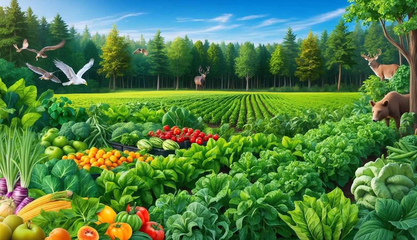 A lush green field with a variety of fruits and vegetables growing, surrounded by a forest with diverse wildlife and a clear blue sky above