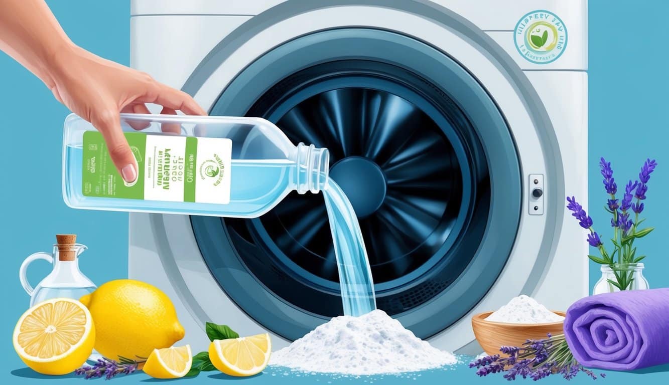 A person pouring a clear, eco-friendly liquid from a labeled bottle into a washing machine, surrounded by various natural ingredients like lemon, lavender, and baking soda