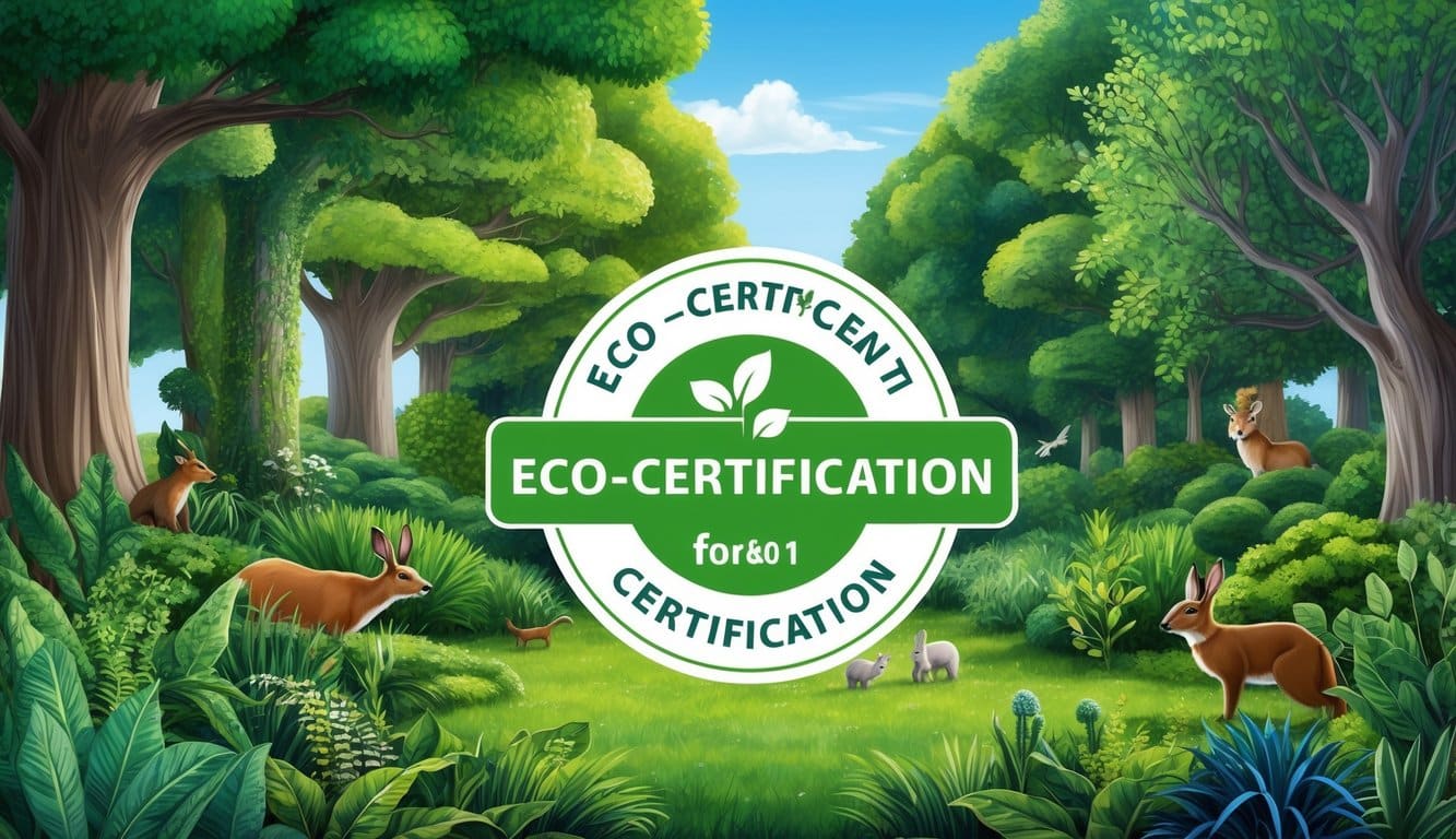 A lush green forest with a variety of plants and animals, accompanied by a clear blue sky and a prominent Eco-Certification label displayed prominently