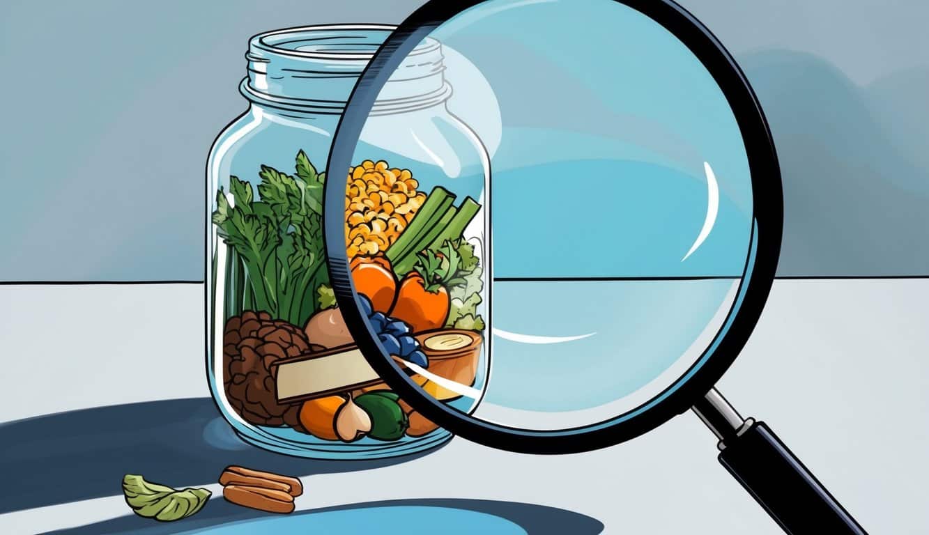 A clear glass jar filled with various food items, some labeled and others not, sits on a table. A magnifying glass hovers over the jar, highlighting the need for transparency in ingredient labeling