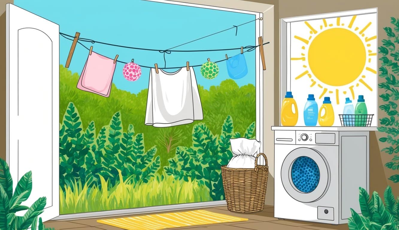 A sunny laundry room with eco-friendly detergent, reusable dryer balls, and a clothesline outside, surrounded by greenery