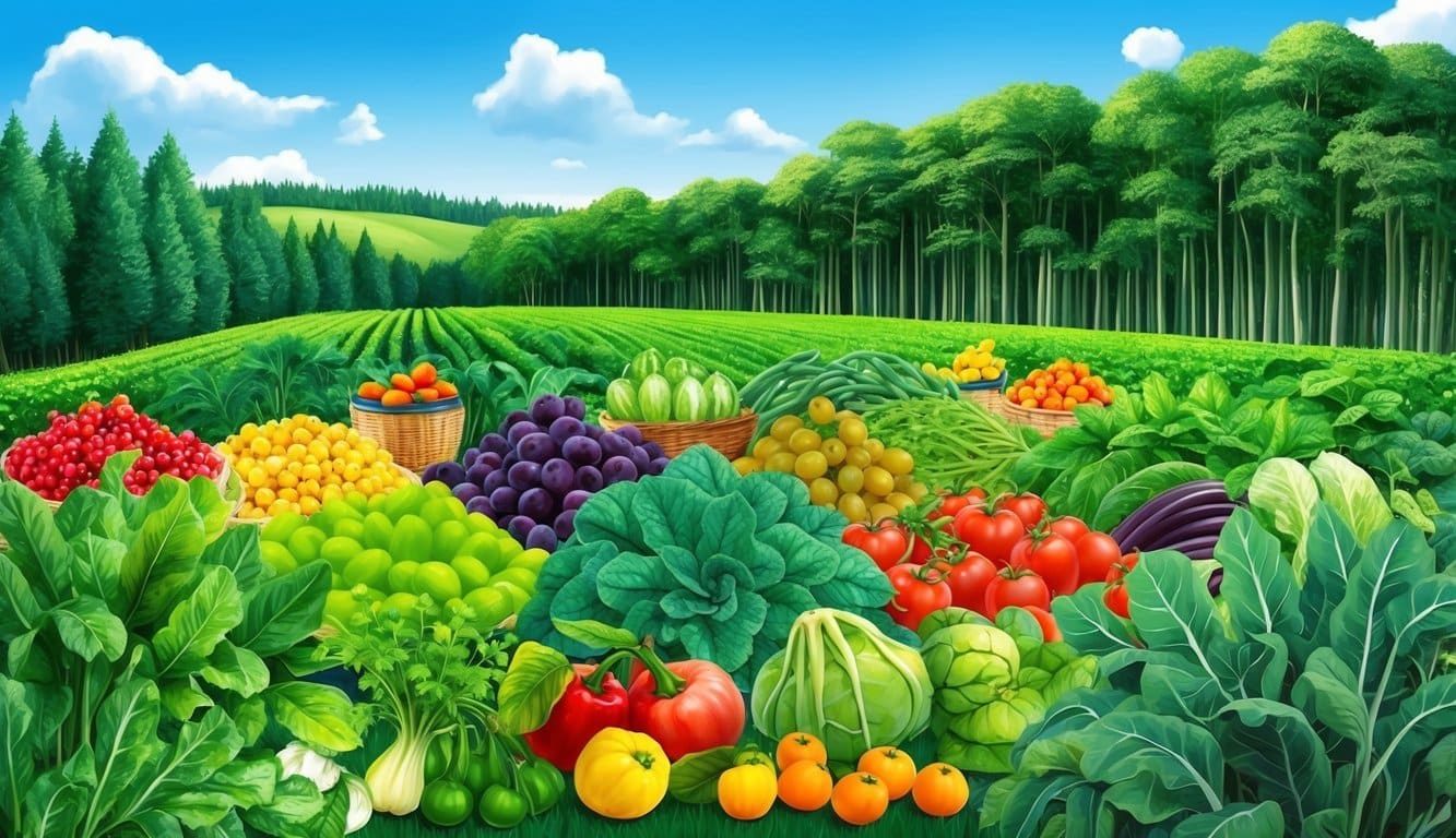 A lush green field with a variety of fruits and vegetables growing, surrounded by a pristine forest and a clear blue sky above