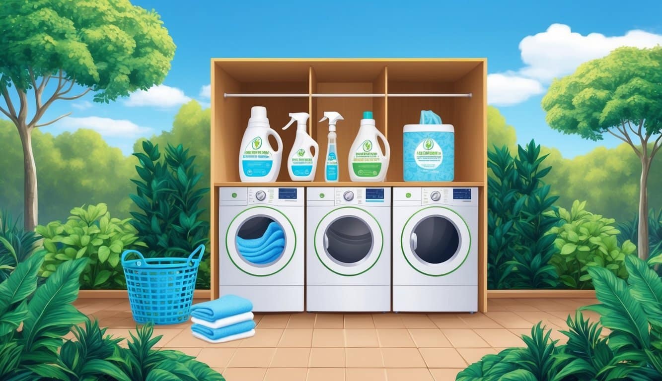 A serene laundry room with eco-friendly detergent and fabric softener, surrounded by lush greenery and a clear blue sky