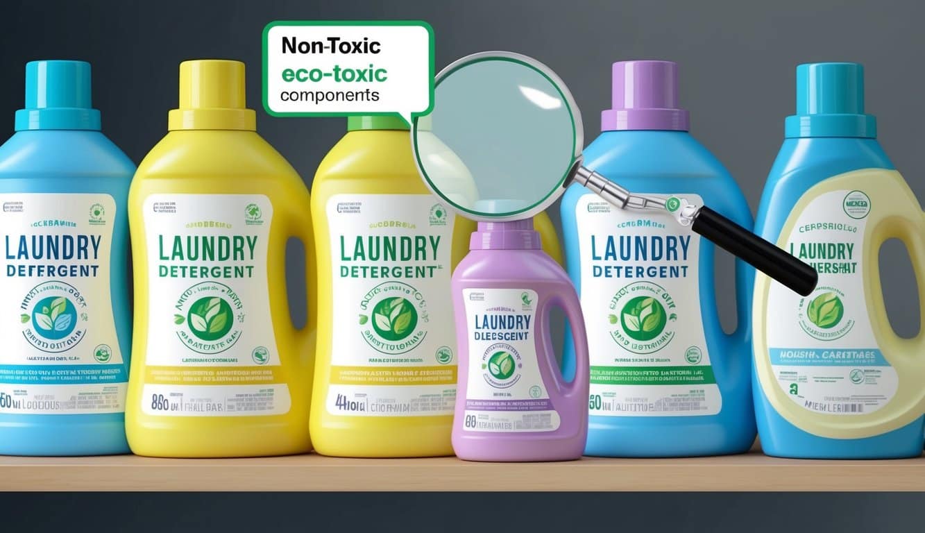 A shelf with various laundry detergent bottles, some marked with eco-friendly certifications. A magnifying glass hovers over ingredient lists, highlighting non-toxic components