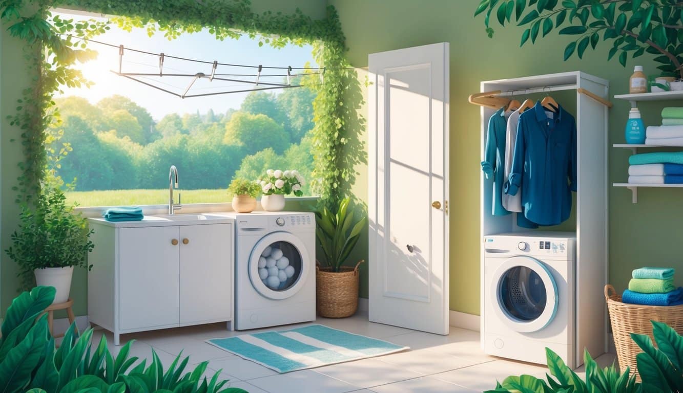 A serene, sunlit laundry room with eco-friendly detergent, reusable dryer balls, and a clothesline outside, surrounded by lush greenery