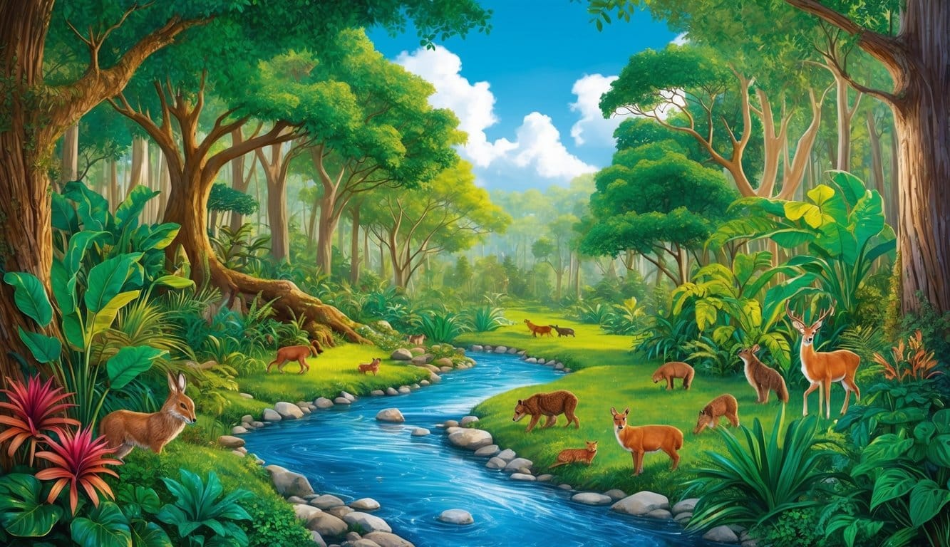 A serene forest scene with a clear stream running through, surrounded by lush greenery and various animals like deer, rabbits, and foxes under a bright blue sky.