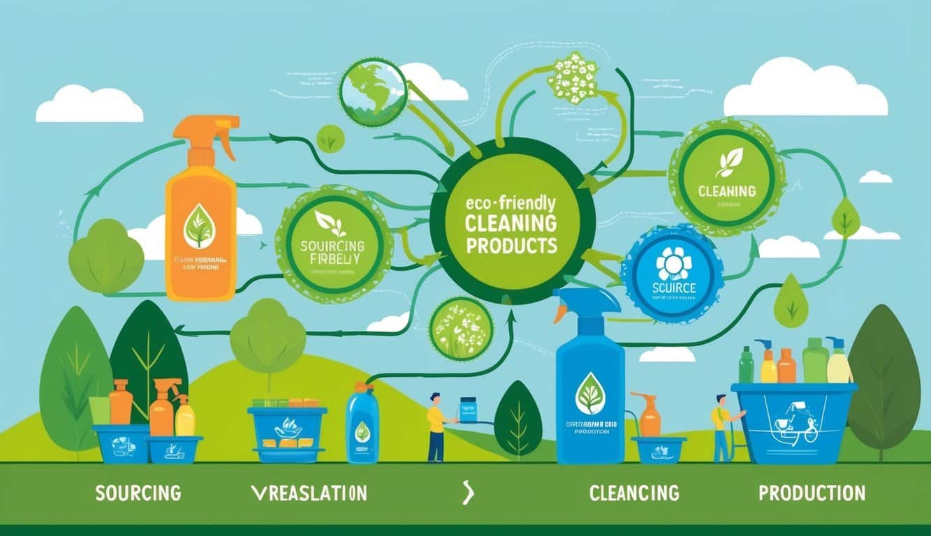 A network of eco-friendly cleaning products moving through a sustainable supply chain, from sourcing to production