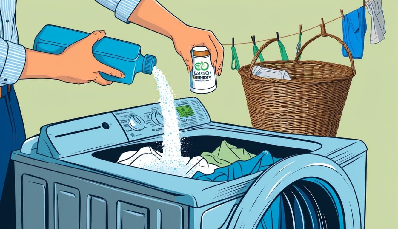 A person pouring eco-friendly detergent into a washing machine filled with clothes. A basket of line-dried laundry in the background